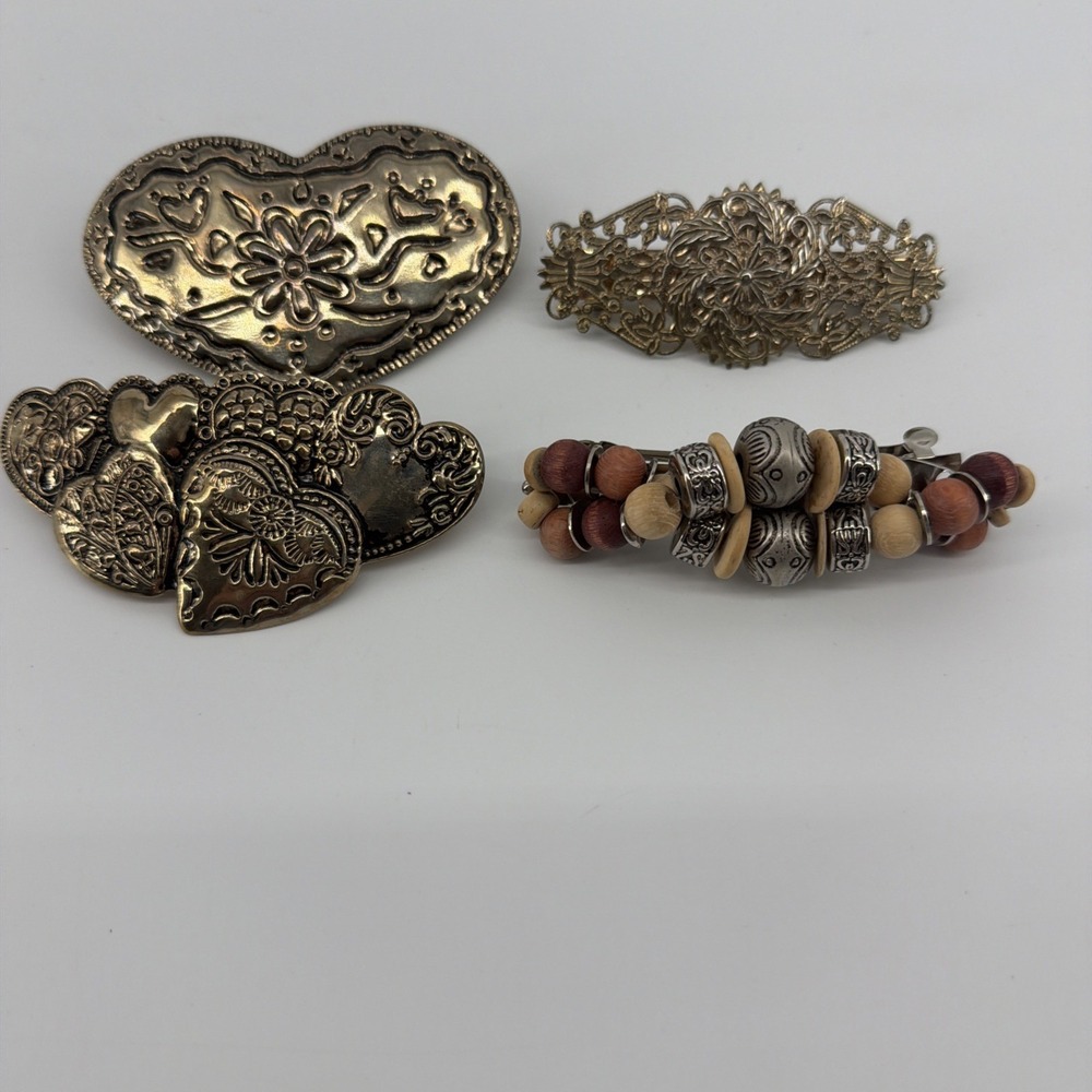4 Vintage 90's Hair Barrette Lot Beaded Heart Gold Tone Statement Hair Pieces